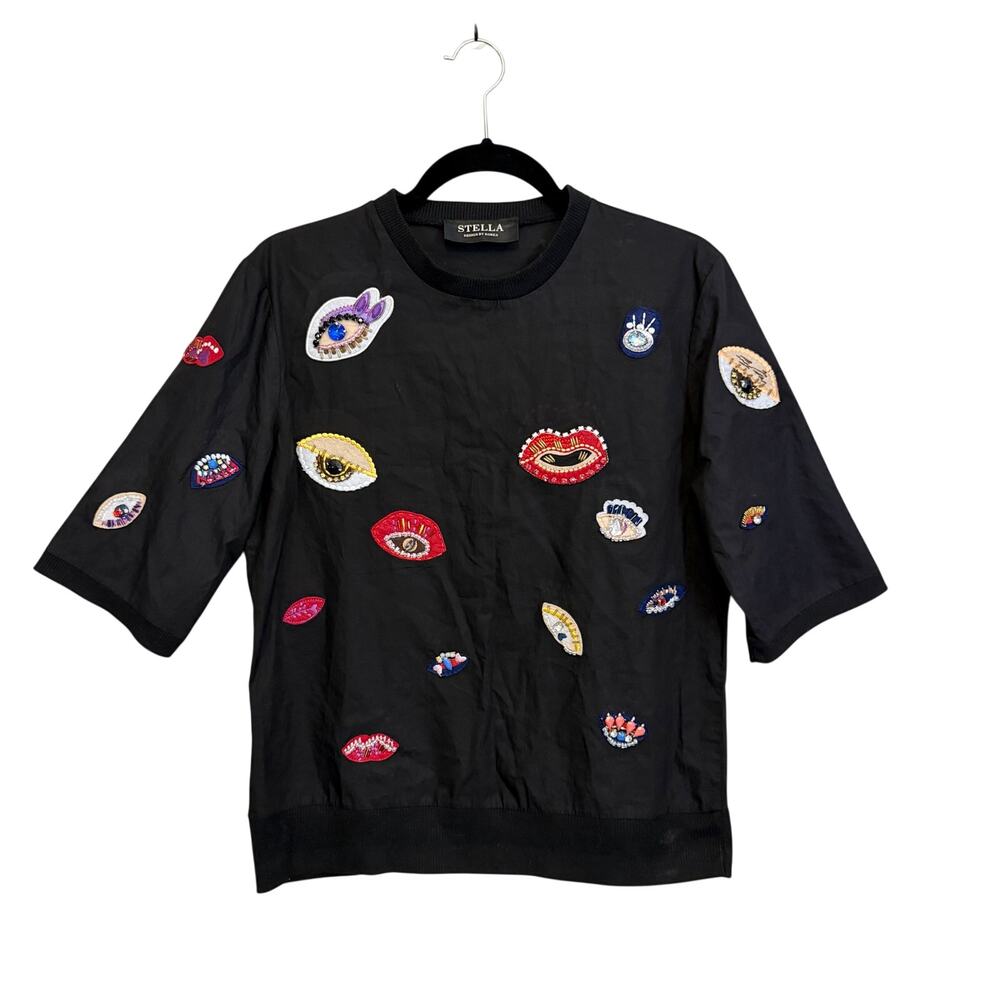 Stella Womens Top Large Black Whimsical Pop Art Eyes Artsy Embellished Eclectic